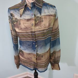 Vintage giraffe Brown Ombre Landscape Long Sleeve Button-Up Women Shirt (M) trib